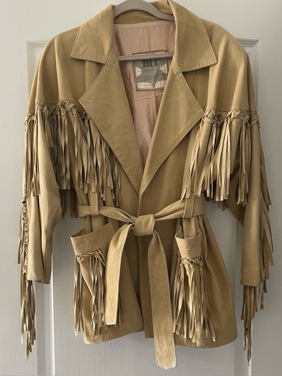 Jackets & Blazers - Fringed Suede Belted Jacket in Tan